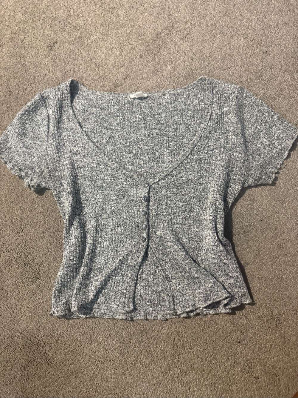 Garage Heather Gray Ribbed Short Sleeve Cropped Button-Front Top
